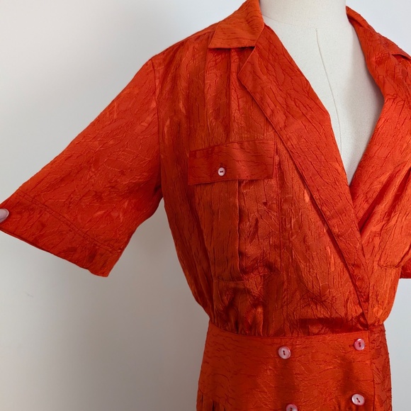 80s Orange Midi Dress Drop Waist Peplum Doubled Breasted Collar V-Neck - Picture 7 of 11